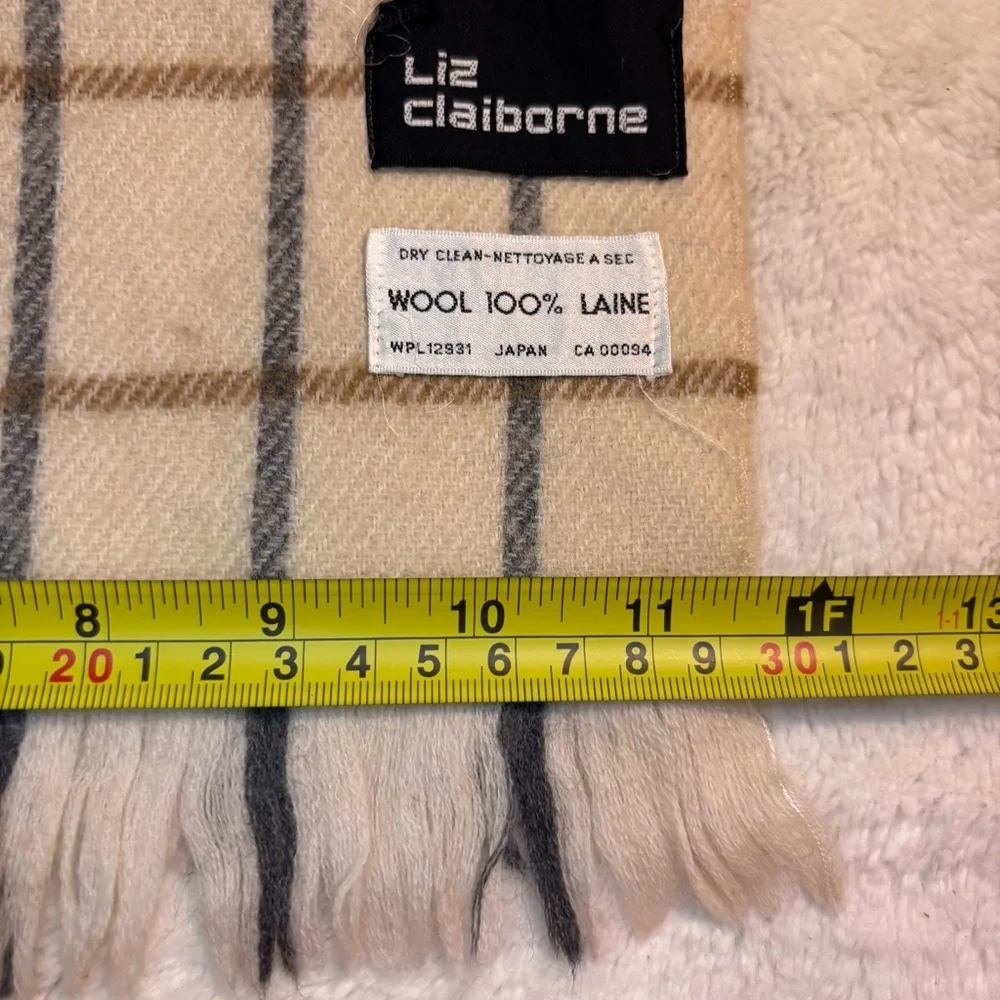 Vintage Liz Claiborne Scarf 100% Wool Cream Beige and Gray Plaid Fringe